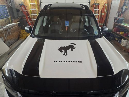 White Ford Bronco with black hood stripes and Bronco logo decal