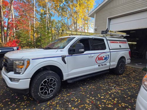 White MACair commercial refrigeration truck with company logo and contact details on the side, designed and installed by Auto Trim  Signs.