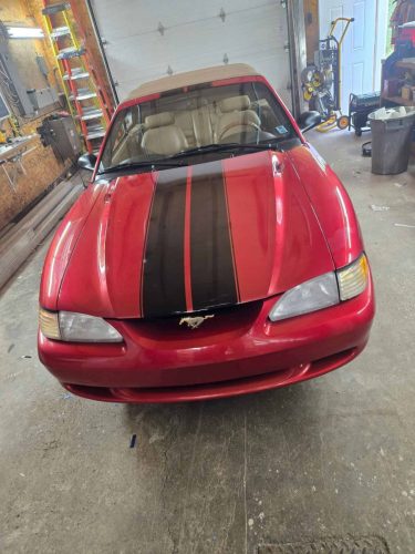 Front of a red Ford Mustang showing custom black and red racing stripes running over the hood, inside Auto Trim  Signs shop.