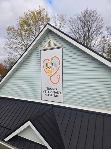 Exterior building sign for Truro Veterinary Hospital featuring a heart-shaped design with a dog, cat, and rabbit illustration on a light blue building with black roofing.
